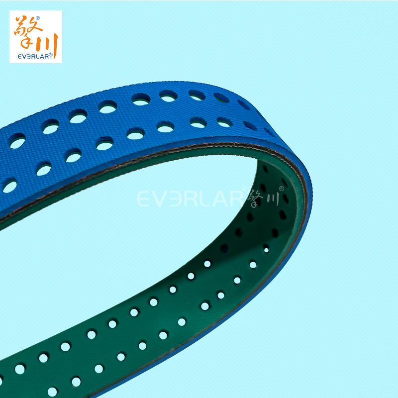 藍(lán)綠片基帶打孔耐磨防滑物流包裝行業(yè)分揀倉(cāng)儲(chǔ)傳動(dòng)平皮帶擎川定制